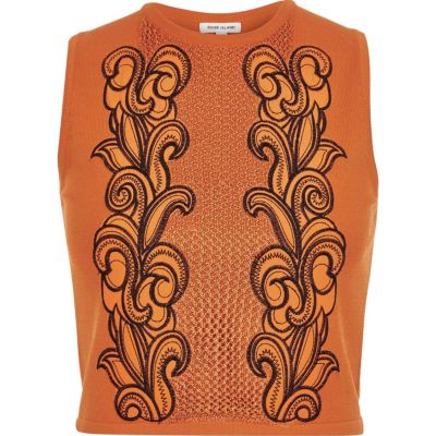 Orange knitted embroidered sleeveless top